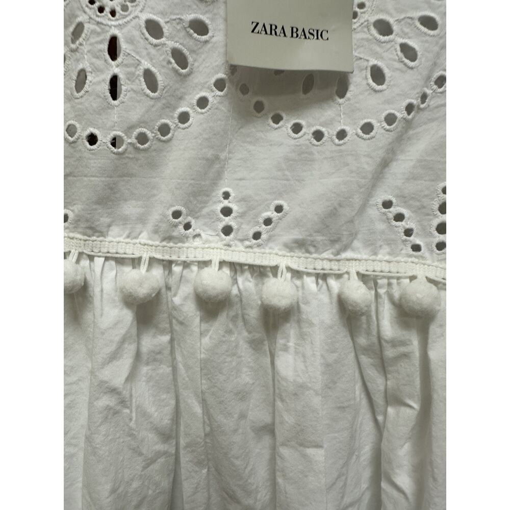 ZARA White Eyelet Babydoll Concert Festival Boho Ruffle Pom Mini Dress SZ L NWT - Picture 3 of 10